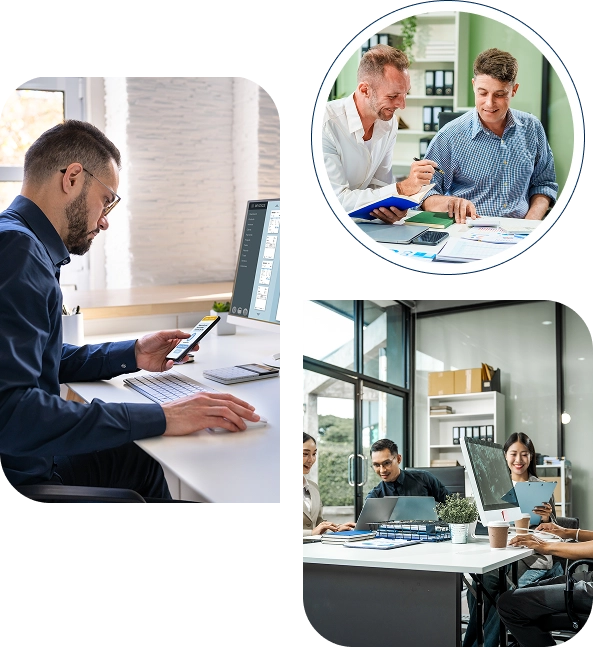 Three images: a man at a desk using a phone and laptop, two men discussing documents, and a group of office workers collaborating around a computer.