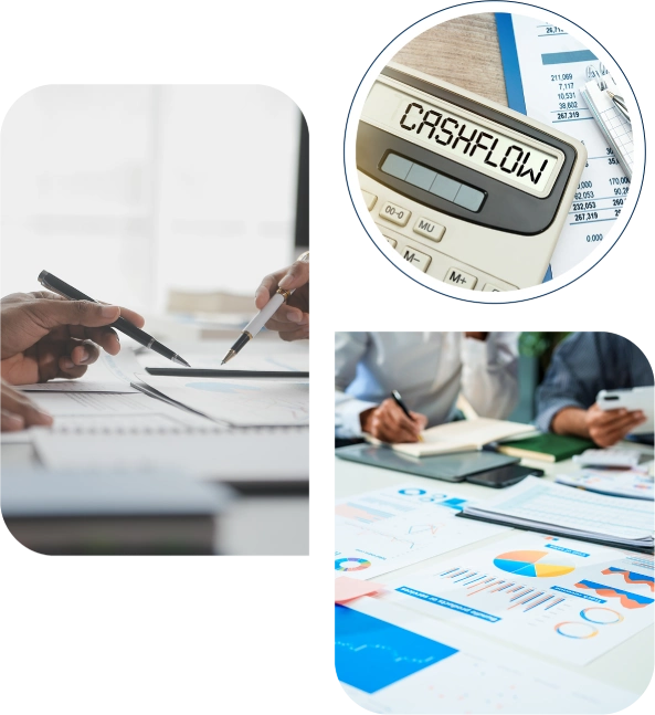 Business meeting with people reviewing charts, graphs, and documents; a calculator displays "CASHFLOW.