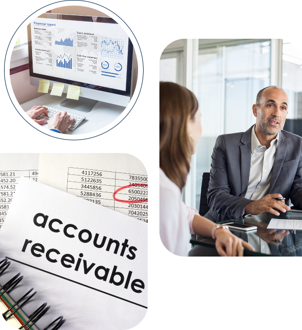Collage showing a financial report on a computer, a meeting between two people, and a document labeled "accounts receivable.