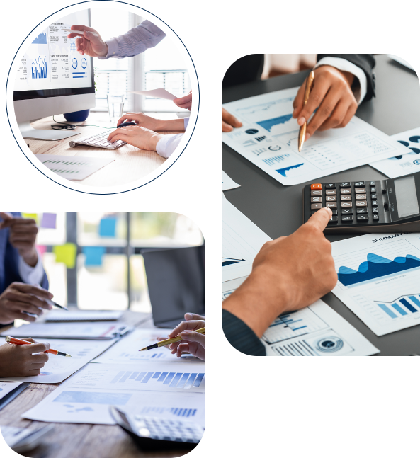 Collage of people analyzing financial charts on papers and a computer. Hands point and use a calculator, indicating collaboration in a business setting.