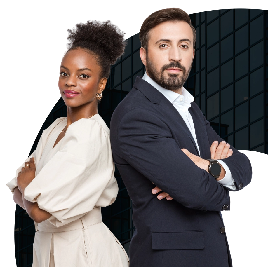 Two people standing back to back, both with arms crossed, dressed in business attire against a dark, grid-like background.